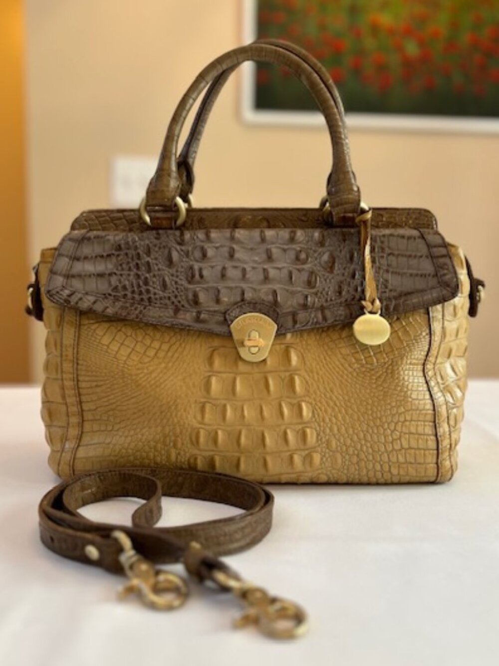 BRAHMIN | Brown and Tan Croc Embossed Leather Handbag Satchel Crossbody-EUC